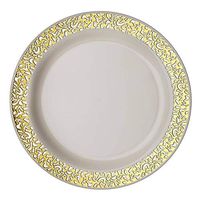 BalsaCircle 20 pcs 9-Inch Ivory with Gold Trim Plastic Round Plates - Disposable Wedding Party Catering Tableware