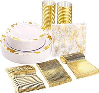 NERVURE 175PCS Gold Marbling Disposable Plastic Plates and Silverware Set：25 Dinner Plates,25 Dessert Plates, 25 Forks,25 Knives, 25 Spoons, 25 Cups,25 Napkins.