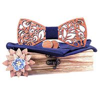 Meidexian888 Classic Handmade Mens Customized Solid Wood Bow Tie Creative Wedding Wooden Hollow Carved with Box Set (Navy)