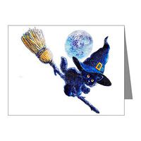 Note Card Halloween Kitten Witch Broom Moon
