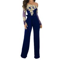 Corriee Jumpsuit for Women Elegant Long Sleeve Off The Shoulder High Waisted Wide Leg Romper with Belt Blue