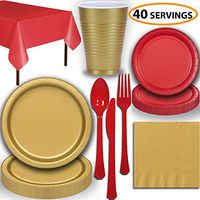 Disposable Party Supplies, Serves 40 - Gold and Red - Large and Small Paper Plates, 12 oz Plastic Cups, Heavyweight Cutlery, Napkins, and Tablecloths. Full Two-Tone Tableware Set