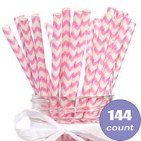 Eco-Friendly Bulk Paper Straws Pack of 144 Count for Weddings, Party, Shower, Crafts (Bubblegum Pink Chevron)