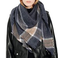 Wadonerful Plaid Triangle Scarf Women Winter Warm Long Wool Wrap Shawl Blanket Soft Cashmere Feel Tartan Neck Scarf Blue