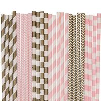 Biodegradable Paper Straws Mix, Light Pink And Gold, Striped Chevron (100)