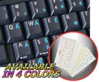 ENGLISH US INTERNATIONAL KEYBOARD STICKERS WITH BLUE LETTERING ON TRANSPARENT BACKGROUND