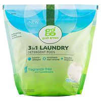 Grab Green Natural 3 in 1 Laundry Detergent Pods, Fragrance Free, Free & Clear/Unscented, 132 Loads, Organic Enzyme-Powered, Plant & Mineral-Based, 74.5 Ounce
