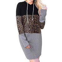 Aniywn 2019 Stylish Long-Sleeved Leopard Colorblock Casual Pullover Hooded Dress for Women Gray