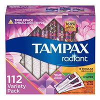 Tampax Radiant Plastic Tampons, Regular/Super/Super Plus Absorbency Triplepack, 112 Count, Unscented (28 Count, Pack of 4 - 112 Count Total)