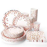 Halulu 200PCS Rose&Gold Dot Disposable Paper Plates Set - Birthday Anniversary Retirement Wedding Supplies Tableware with 50 Dinner Plates, 50 Dessert Plates, 50 Paper Cups,50 Luncheon Napkins