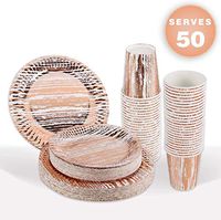 Rose Gold Party Plates Cups Girl for 50 with Metallic Rose Gold Wood Grain Plates and Cups for Wedding, Girl Birthday Party, Baby Shower Girl, Bride Shower, Tea Party Supplies