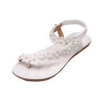 ASOBIMONO Women's Floral Pearl Thong Sandal Clip Toe Elastic Backstrap Shoes Summer Flat Sandals White