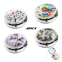 4Pcs Portable Round Metal Pill Box Case- Art Abstract Painting Lid, AUHOKY Mini Medicine Tablet Organizer Container Holder for Pocket Purse handbag Travel Gift - Compact 3 Compartments (60mm, 4Styles)