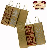 Christmas Holiday Wine Gift Bags,16 Kraft foil hot-Stamp Designs, Two Packs of Eight Bottle Bags in Assorted Christmas Prints; Set of 16 Bags
