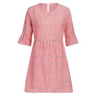 Lefthigh Women's Round Neck Striped Zipper Flared Dress, Ladies Fashion Casual Mini Skirts Pink