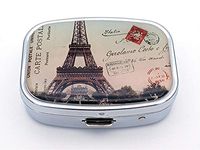 Art Pill Box with 2 Large Compartments 2 or 3 Times a Day AM PM Portable Travel Pill Organizer Rectangle Silver Metal Pill Case Medicine Holder Container Jewelry Box for Purse Pocket (Eiffel)