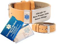 Pre-Engraved"Allergic to Bees, Wasps, Ants Insect Stings" Medical ID Wrist Band Tan Leather