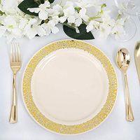 Efavormart 50 Pcs - Ivory with Gold Trimmed 9" Round Disposable Plastic Plate for Wedding Party Banquet - Picturesque Collection