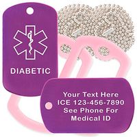 Custom 2 Pack - Diabetic Medical Alert ID Necklaces with Purple Custom Tags, Pink Silencers, and 30'' USA Chains