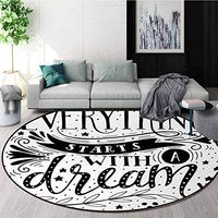 Black And White Round Kids Rugs,Everything Starts With A Dream Quote Monochrome Stars Leaves And Curls Non Skid Nursery Kids Area Rug For Bedroom Machine Washable Diameter-47 Inch,Black And White