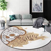 Zodiac Virgo Non-Slip Area Rug Pad Round,Gothic Mexican Female Portrait Sugar Skull Horoscope Tattoo Protect Floors While Securing Rug Making Vacuuming,Diameter-39 Inch Brown Pale Brown And White