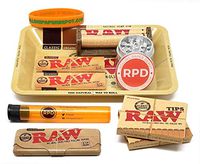 Bundle - RAW Rolling Paper, Pre-Rolled Tips, Paper Case, Mini Rolling Tray and Roller with RPD Grinder, Kewl Tube and Bracelet (10 Item - Smokey Forest Tray)