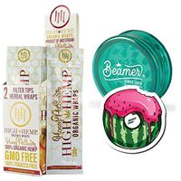 25 Packs (50 Total Wraps) Honey Pot Swirl Flavor Organic Hemp Wraps with Filter Tip + Beamer 3-Piece 63mm Acrylic Grinder with Storage Compartment + Beamer Smoke Sticker