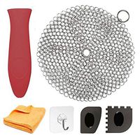 Cast Iron Cleaner 7” Circle Premium Stainless Steel Chainmail Scrubber Cast Iron Cleaning Kit Hot Handle Holder + Pan Scraper + Grill Scraper + Kitchen Towel (6 Pack)