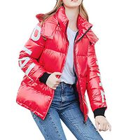 HNTDG Women Winter Thicker Warm Loose Hooded Puffer Windproof Jacket Bright Surface Diamond Short Overcoat Red