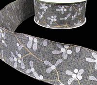 5 Yds Christmas Winter Grey Silver Berries Modern Burlap Jute Like Wired Ribbon