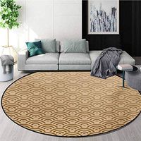 Beige Round Area Rug Reversible Floor Carpet,Oriental Wave Design Contemporary Illustration Of Old Royal Pattern Artwork Print Super Soft Living Room Bedroom Home Shaggy Carpet,Diameter-39 Inch