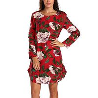 LISTHA Long Sleeve Floral Mini Dresses Plus Size Women Casual Cotton Linen Dress Red