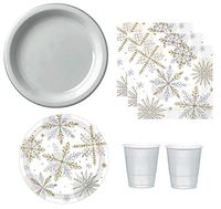 Silver And Gold Christmas Holiday Snowflake Sparkle Party Supplies for 16 Guests Plastic Plates Napkins And Cups