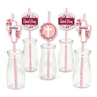 Pink Elegant Cross - Paper Straw Decor - Girl Religious Party Striped Decorative Straws - Set of 24