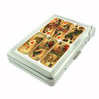 Perfection In Style Metal Cigarette Case with Built in Lighter Vintage Playing Cards Design 001