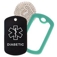 Diabetic Medical Alert ID Necklace with Black Tag, Green Dark Silencer, and 30'' USA Chain - 154 Color Choices