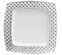 Table To Go ‘I Can’t Believe It’s Plastic’ 50-Piece Plastic Bowl Set | Square Diamonds Collection | Heavy Duty Premium Plastic Plates for Wedding, Parties, Camping & More (Silver Ivory)