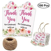 Floral Thank You for Celebrating with Us Tags 100Pcs White Thank You Tags for Wedding Favor Baby Shower Party Favors, Paper Gift Tags with 100 Feet Jute String