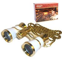 HQRP 3 x 25 Opera Glasses Binocular White Pearl with Gold Trim, Crystal Clear Optic (CCO), Necklace Chain in HQRP Gift Box