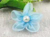 24 Pcs Organza Ribbon Flowers W/Beads Sewing Wedding Appliques Hot (Blue)