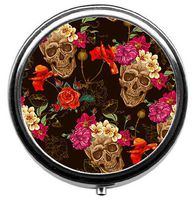 Skull and Flowers Pill Box/Pill case-Round Pill Box/case- Three-Compartment Pill Box/Pill case