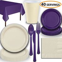 Disposable Party Supplies, Serves 40 - Cream and Purple - Large and Small Paper Plates, 12 oz Plastic Cups, Heavyweight Cutlery, Napkins, and Tablecloths. Full Two-Tone Tableware Set
