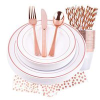 25 Guests Rose gold Dinnerware Set and Disposable Plastic Silverware Ring Design Plastic Tableware Dinner Plates Dessert Plates Rose Gold Napkins Plastic Cutlery Cups Straws