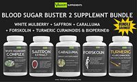 Blood Sugar Buster Supplement Bundle 2 Special - White Mulberry - Saffron - Caralluma - Forskolin - Turmeric with Bioperine