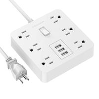 Power Strip 3 USB 6 Wider Space Outlets - TESSAN Desktop Charging Station with 15A 4ft Extension Cord, Overload Protection Power Board for Nightstand, Cruise Ship - Square Travel Strip - White