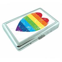 Rainbow Heart Em1 Hip Silver Cigarette Case Id Holder Metal Wallet 4" X 2.75" RFID Protection