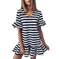 JQjian Casual Womens Butterfly Sleeve V Neck Stripe Print Ruffles Short Sleeve Mini Dress (L, Black)