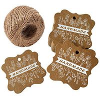 DOUKING 100 Pcs Handmade with Love Gift Tags, White Painted Handmade Gift Tags with String, Kraft Paper Gift Wrap Label Hang Tag for Wedding Party Favor, DIY Crafts (Handmade)