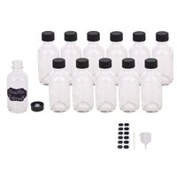 BPFY 12 Pack 2 oz Clear Glass Boston Bottle with Black Poly Cap, Funnel, Chalk Labels, Pen Dispensing Bottles for Homemade Vanilla Extract, Essential Oils, Herbal Medicine, Wedding Christmas Decor