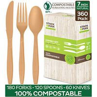 Stack Man Disposable Cutlery Set [360 Pack] 100% Compostable Plastic Silverware, Large Premium Heavy-Duty Flatware Utensils Eco Friendly BPi Certified, 7.5 Inch, Natural Wood Color Tableware